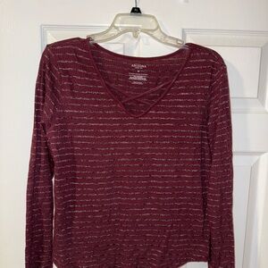 Arizona Jean Company Women's Red Plum Burgundy Striped Long Sleeve Top - Size M🌷